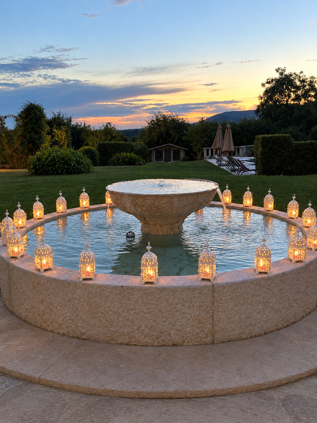 Fontaine du Mas Baïeta au crépuscule, entourée de lanternes allumées diffusant une lueur chaleureuse, avec le jardin et les collines en arrière-plan